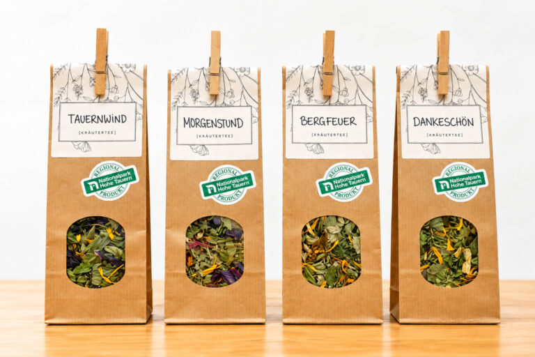 Kräutertee Tauernwind, Morgenstund, Bergfeuer und Dankeschön aus Permakultur vom Ederhof im Großglocknergebiet